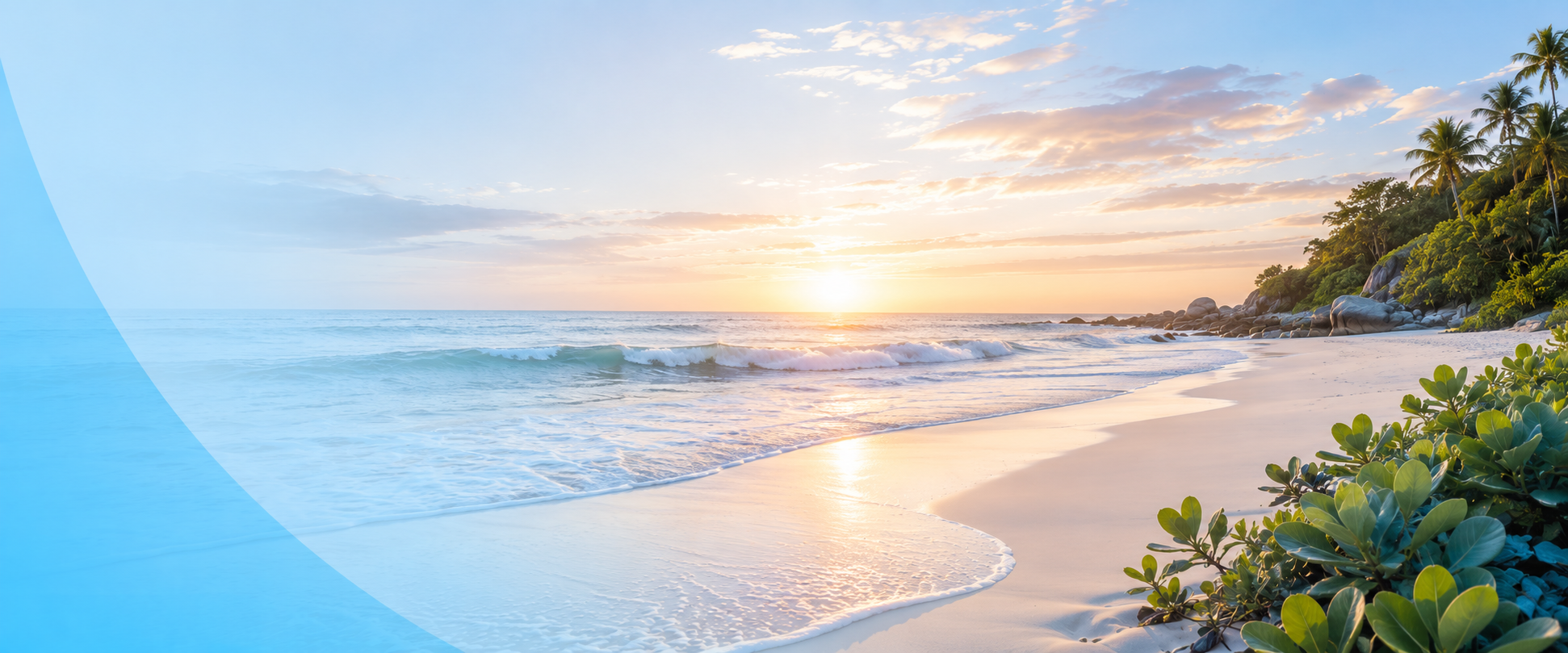 Calm beach shoreline with ocean waves, soft sunrise light, and tropical greenery.